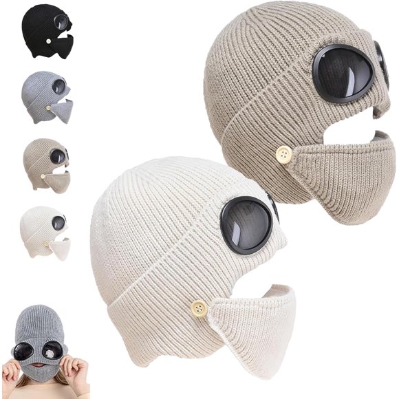 Bonnet de Ski d'Hiver Unisexe avec Lunettes et Masque Détachable, Bonnet Tricoté 3-en-1 Unisexe, pour Ski, Randonnée