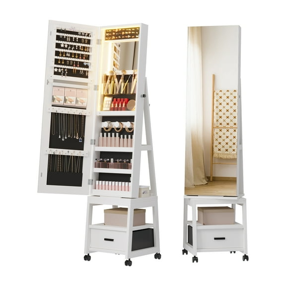 66'' Full Length 360° Swivel Jewelry Cabinet Armoire with Lockable Door, LED Interior Lighting, Built-in Makeup Mirror, Spacious Drawers & Storage Shelves