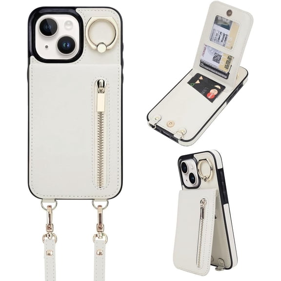 for iPhone 13/14/15 Wallet Case with Card Holders for Women, Crossbody Zipper Protective Leather Case with Strap Wrist Ring RFID Protective (Beige, iPhone 13/14/15 6.1")