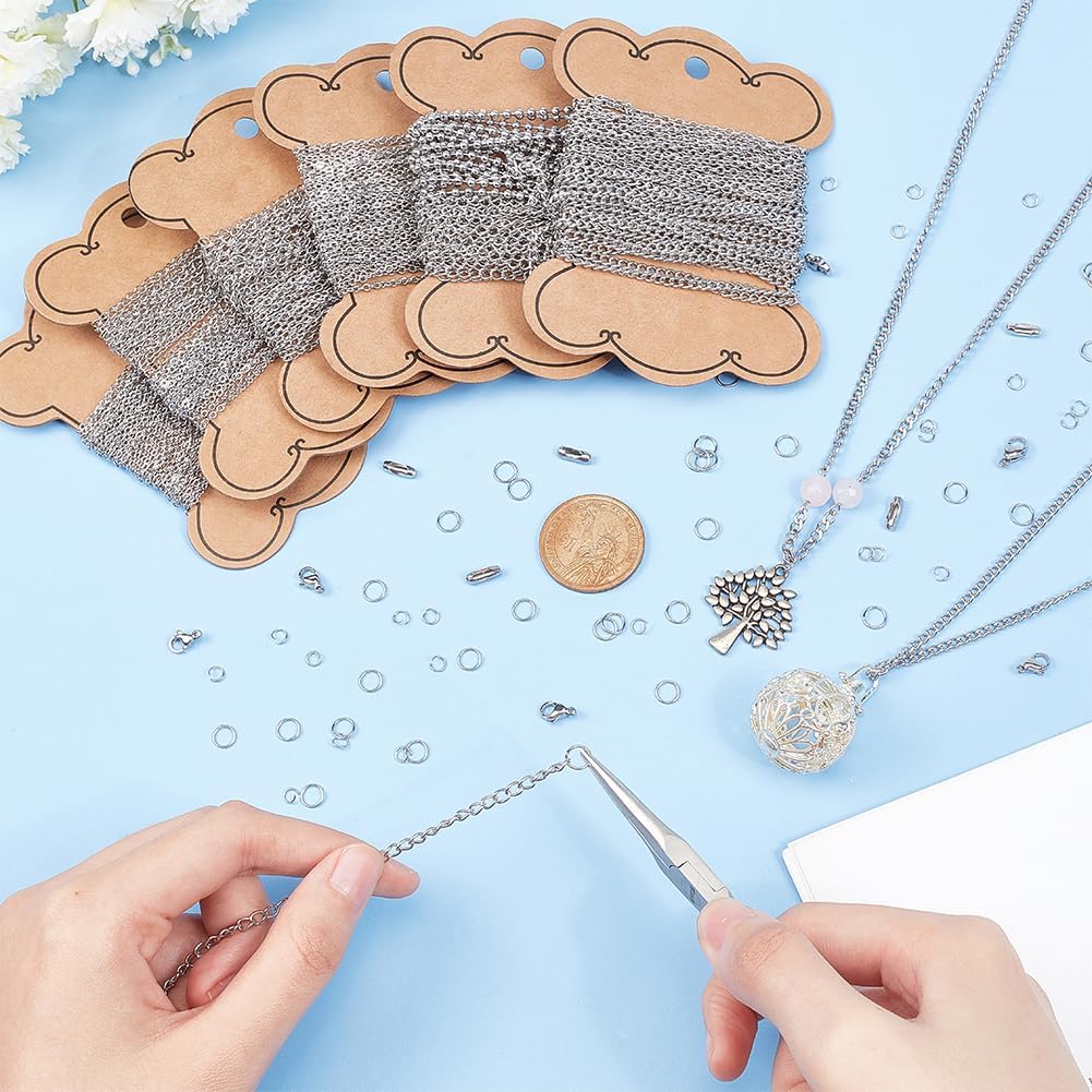 12 Styles 118 Feet Necklace Chains Stainless Steel Link Chain for DIY Craft Jewelry Making with 300pcs Jump Rings 40pcs Lobster Clasps 20pcs Chains Connectors Silver