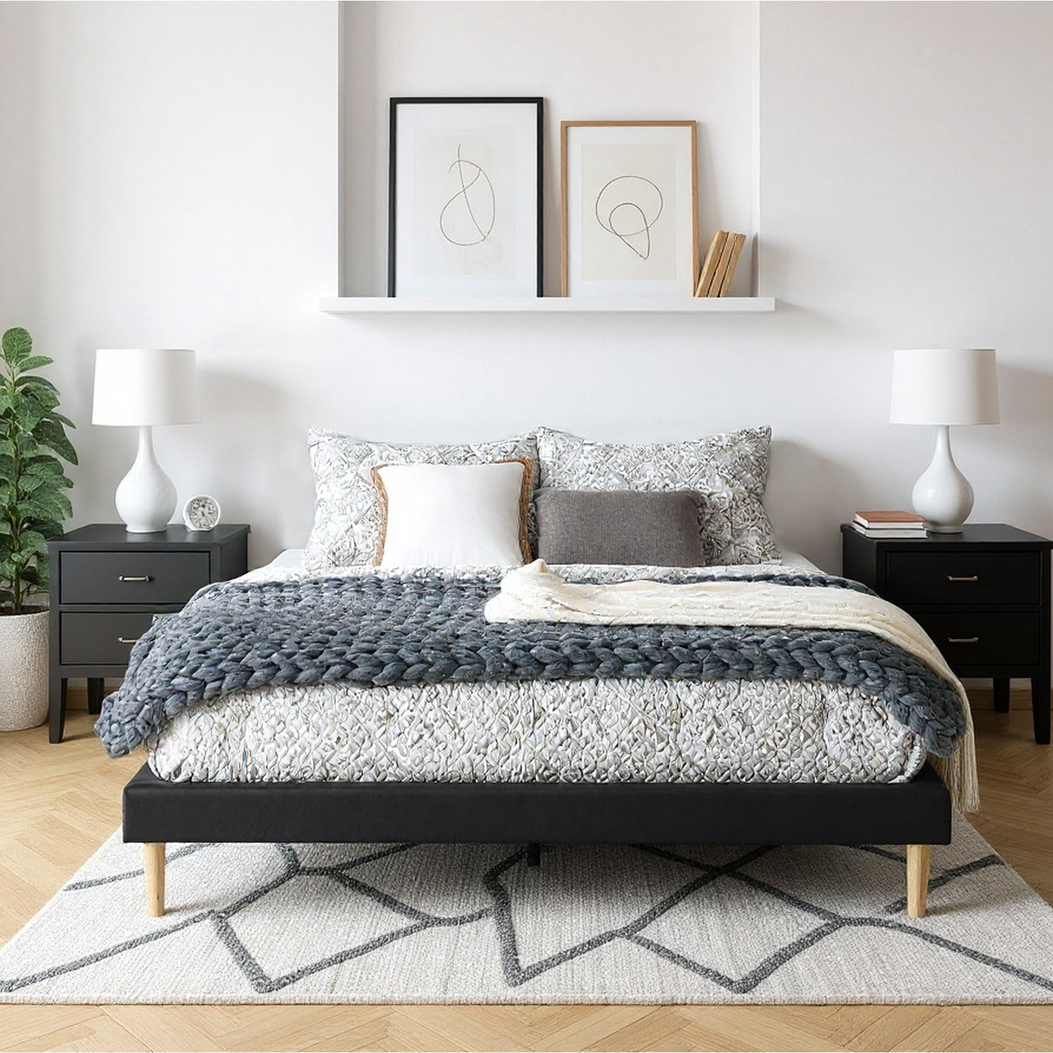Headboard-Free King Size Wood Slat Platform Bed Frame,Black