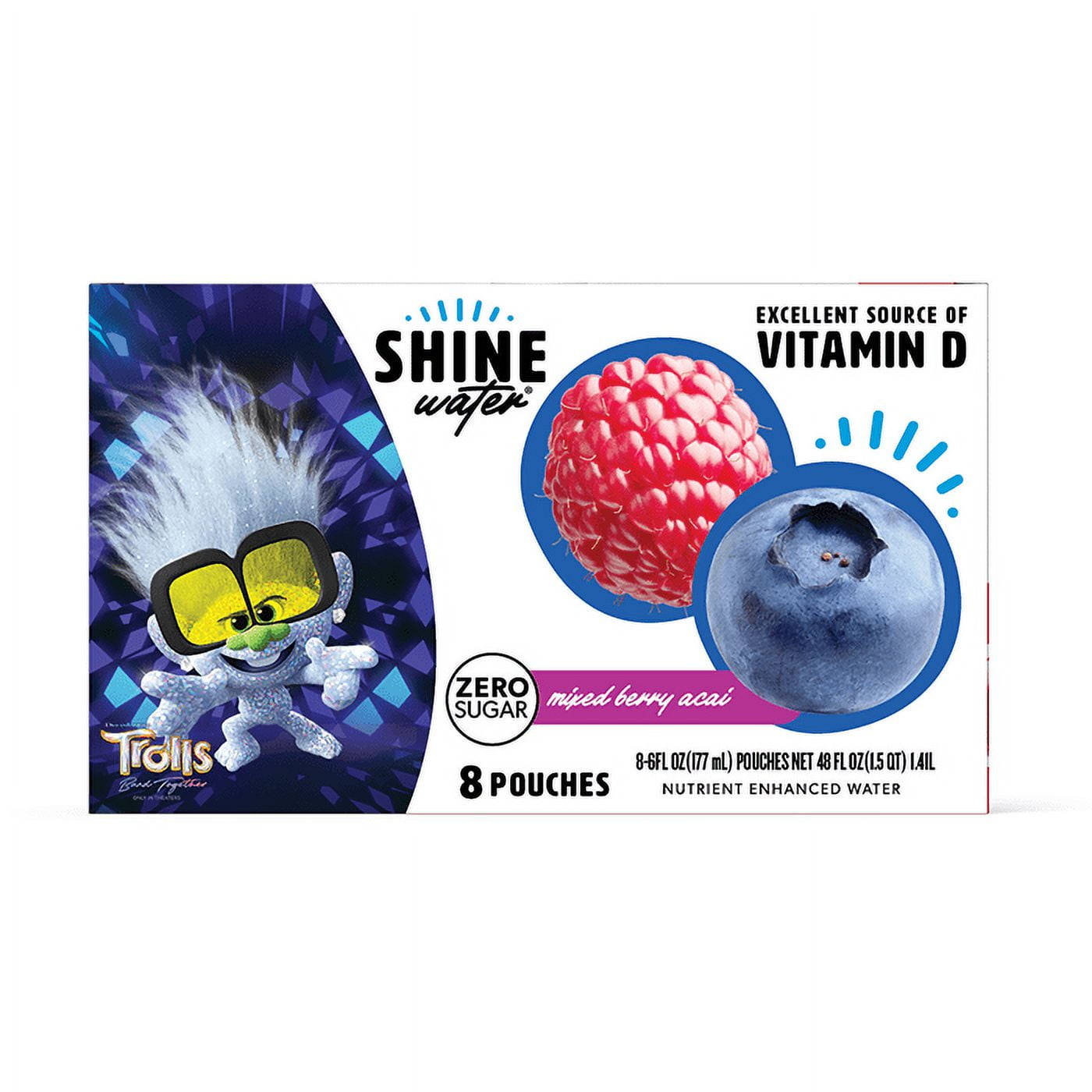 (2 pack) ShineWater, Vitamin D, Antioxidants, Zero Sugar, Mixed Berry Acai, Box of 8 Pouches
