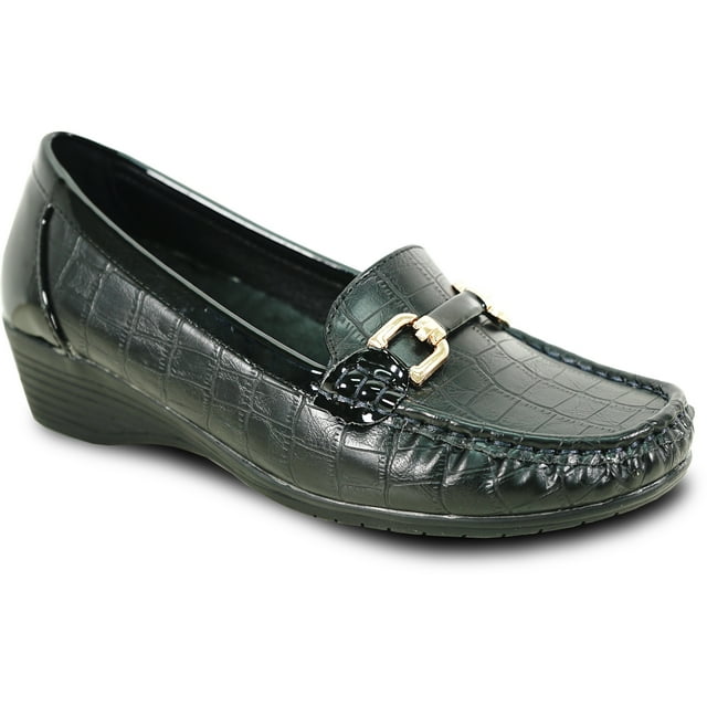 kozi Femme Confort Décontracté Chaussure Compensée à Enfiler Mocassin ML3252 Bout Rond Détail Boucle Semelle Intérieure Amovible Noir Taille 7