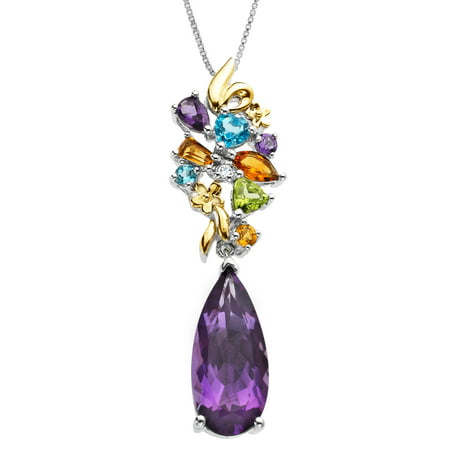 Duet 5 3/4 ct Natural Multi-Stone Drop Pendant Necklace in Sterling Silver & 14kt Gold