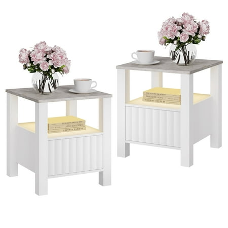 WAMPAT Set of 2 End Tables for Living Room Modern Small Side Table with LED Light & Faux Marble Tabletop White Bedside Table Night Stand for Bedroom