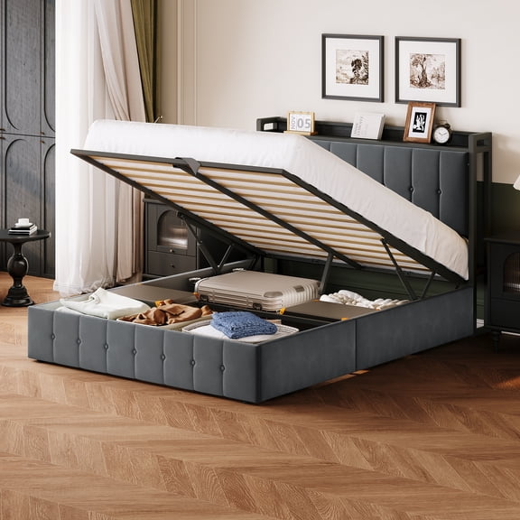 Kicctian Queen Size Lift-Up Storage Bed Frame, Upholstered Headboard with Hydraulic Support, Heavy-Duty Wood Slat Support, No Box Spring Required, Noise-Free, Easy Assembly, Gray