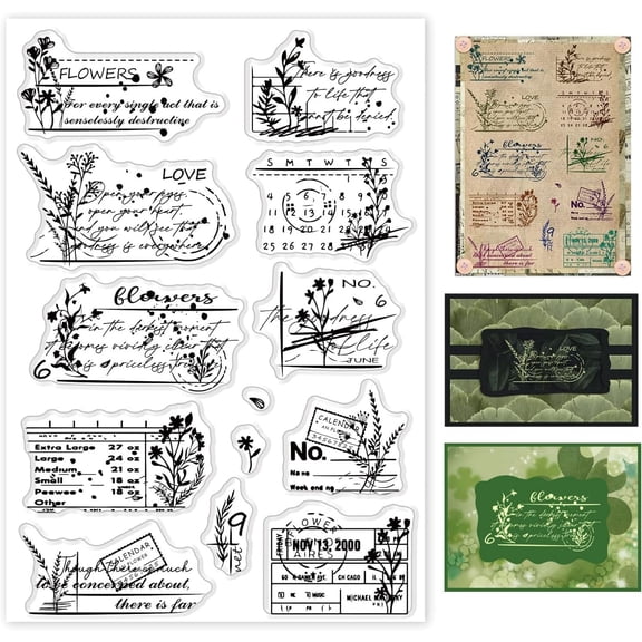 Vintage Floral Calendar Clear Stamps Floral Postage Silicone Stamps Retro Flowers for Card Making DIY Scrapbooking Decor 4.33x6.3inch