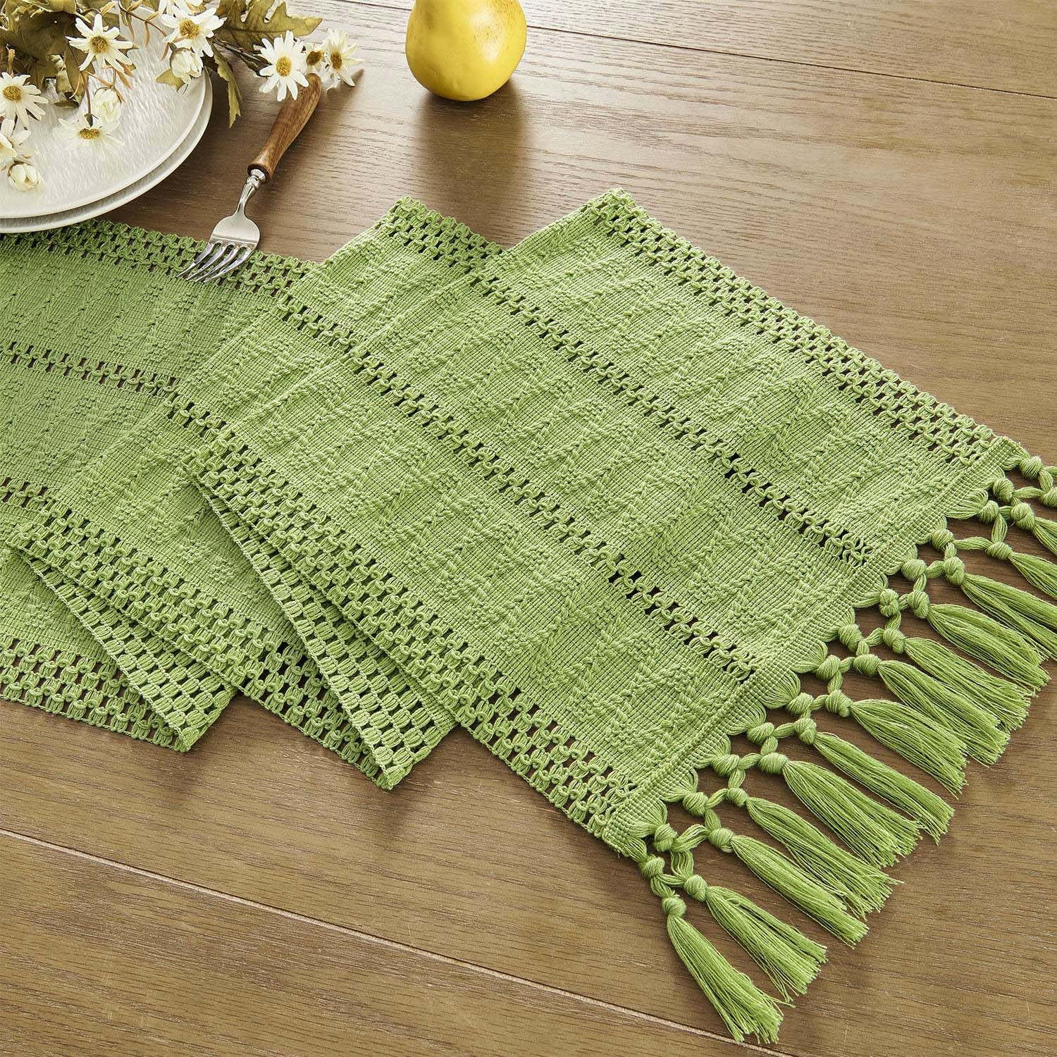 Boho Table Runner, Macrame Style Ivory Table Runners Farmhouse Woven Home Decor, 12x64 Inch, Green
