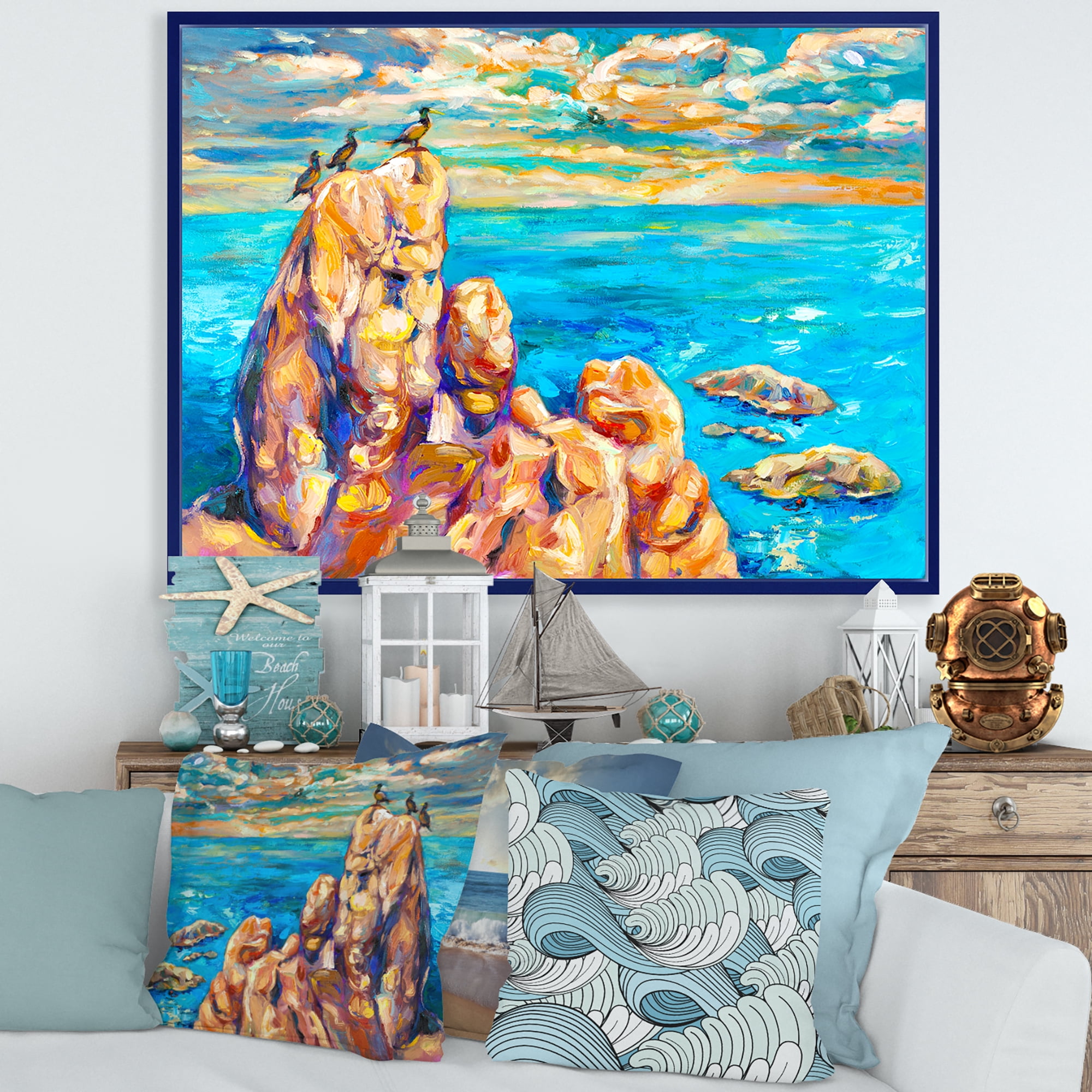 The Blue Ocean By Rocky Cliffs I 40 in x 30 in Framed Painting Canvas Art Print, by Designart