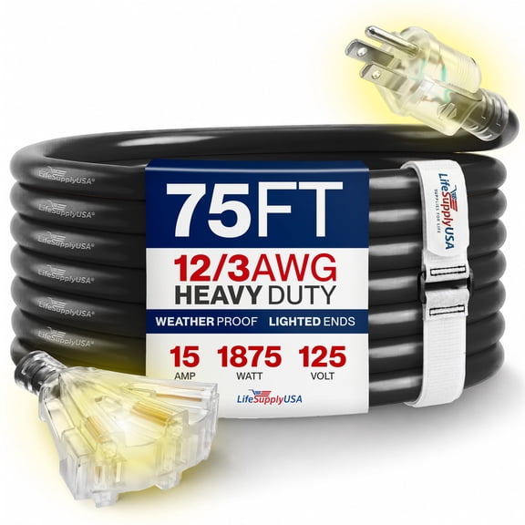 LifeSupplyUSA 75FT Black Extension Cord 12/3 Gauge, Heavy Duty 3 Prong Power Cord, 3-Outlet, Waterproof, Flexible, SJTW, 15A 125V 1875W - For Indoor/Outdoor