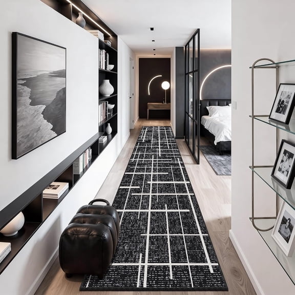 Non Slip Hallway Runner Rug 2.6x12, Modern Distressed Stripe, Washable Extra Long Rug, Woven Thin Low Pile Carpet Runners for Hallway 12ft Entryway, Kitchen, Walkway- Midnight Black