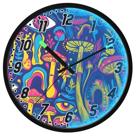 Dailycode Night Light Wall Clock Glow in The Dark 12 inch Battery Operated Silent Luminous Clocks, Neon Colors Mushroom and Eye