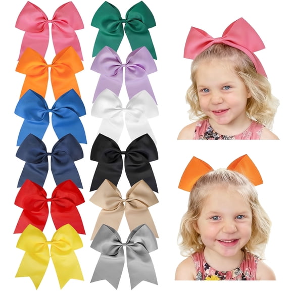 JoyBowie 12-Pack 8-Inch Satin Bow Hair Ties for Girls - Multiple Colors, Perfect for Daily, Party & School Looks