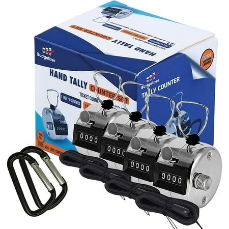 Hand Tally Counter Clicker–1 and 4 Pack METAL Handheld People Pitch Counter Clicker with 1 Lanyard and 1 Carabiner – Manual Mechanical Silver Steel 4 Digit Click Counter Handheld (4 Pack)