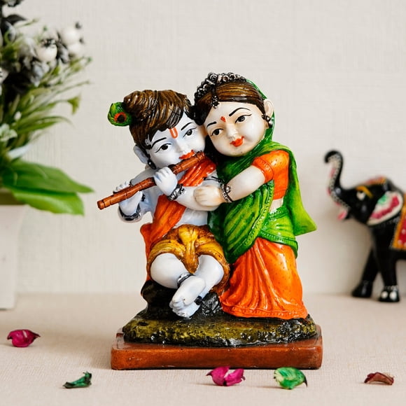 Handcrafted Radha Krishna Statue Artistic Polyresin Figurine | Orange, Green, Brown & White