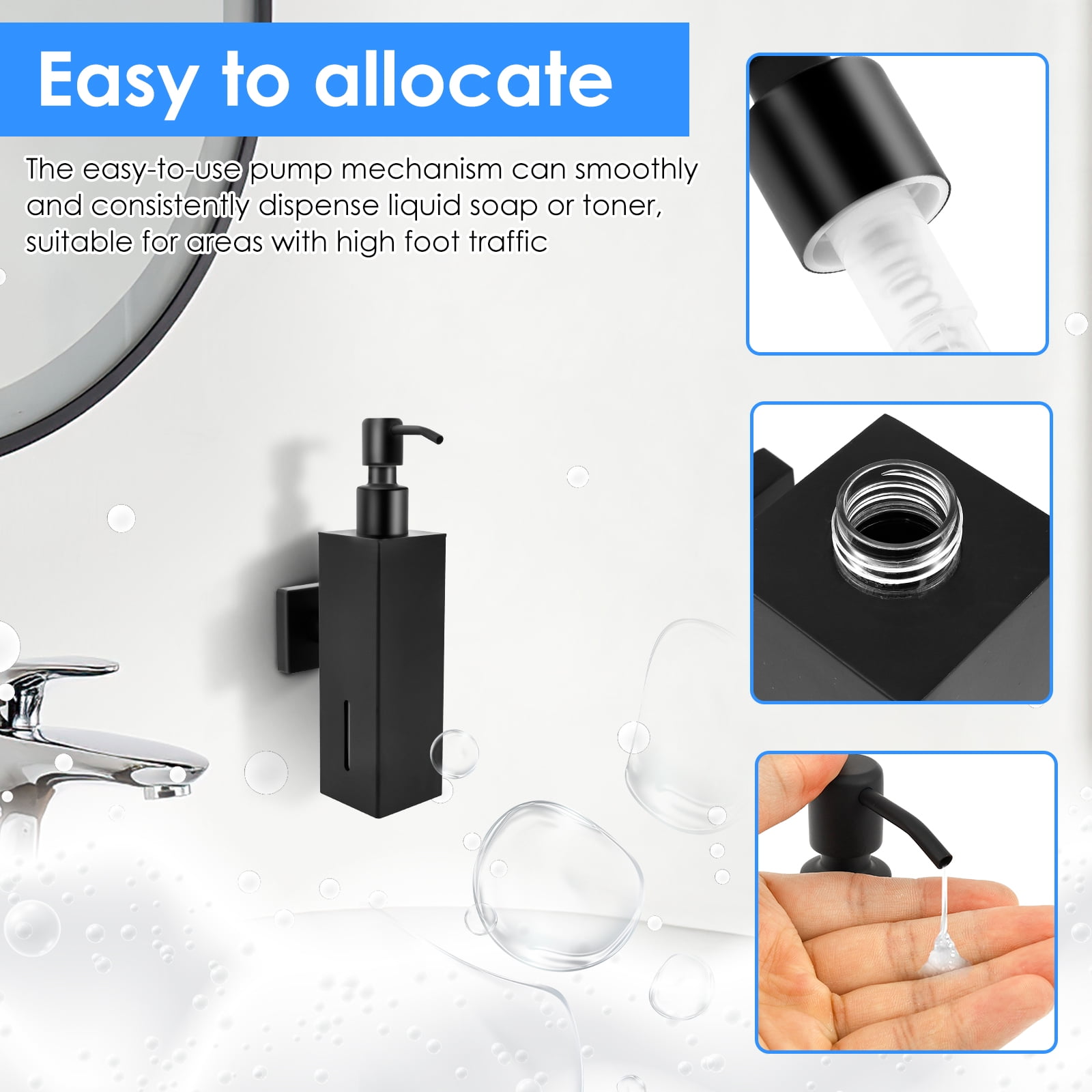 FKSZLL Soap Dispenser Wall Mounted Hand Shampoo Dispenser for Bathroom Matte Black Stainless Steel Soap Dispenser with Screw Shower for Home Bathroom Kitchen