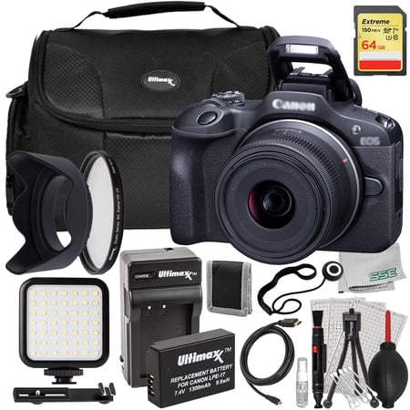 Ultimaxx Essential Canon EOS R100 Mirrorless Camera International Model with 18-45mm Lens- Includes: 64GB Extreme Memory Card, Protective UV Filter & More (26pc Bundle)
