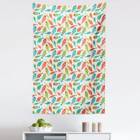Fish Tapestry, Pattern with Colorful Smiling Fish and Sea Bubbles at Background, Fabric Wall Hanging Decor for Bedroom Living Room Dorm, 5 Sizes, Multicolor, by Ambesonne
