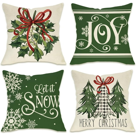 Merry Christmas Tree Decorative Throw Pillow Covers 16x16 Set of 4, Xmas Joy Holly Berry Snowflake Green Outdoor Pillowcase, Let It Snow Winter Holiday Farmhouse Cushion Case Home Decor