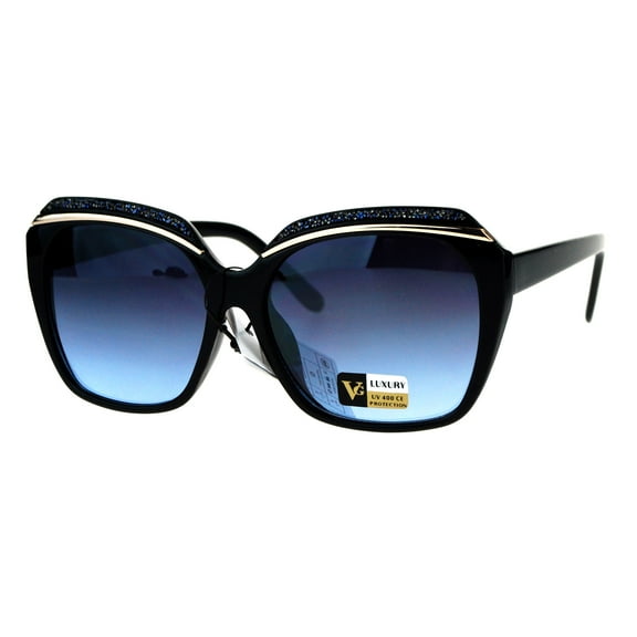 Glitter Bling Eye Brow Butterfly Bling Diva Womens Sunglasses Black Blue