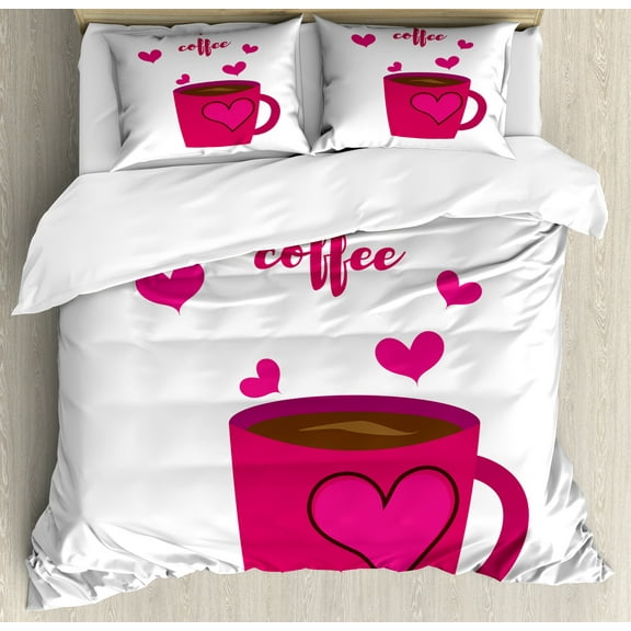But First Coffee Duvet Cover Set, Calligraphic Concept with Hand Drawn Text and Hearts, Decorative 3 Piece Bedding Set with 2 Pillow Shams, Calking Size, Hot Pink Dark Cocoa, by Ambesonne