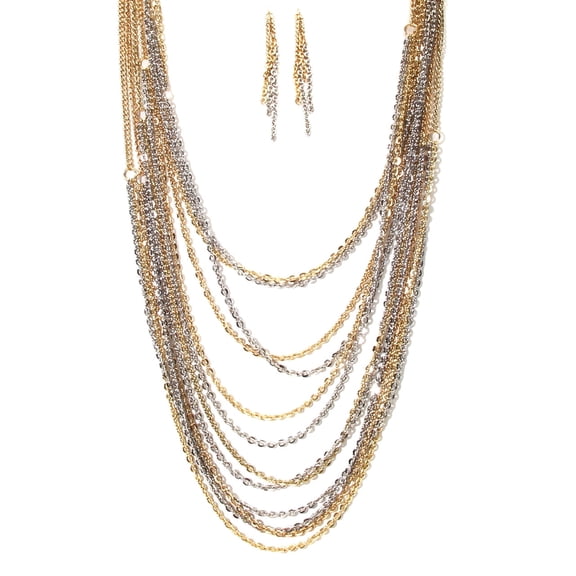 Multi-Strand Layered Chain Necklace and Dangle Earring Set - Two-Tone Silver and Gold Jewelry Necklace Earring Gold Silver