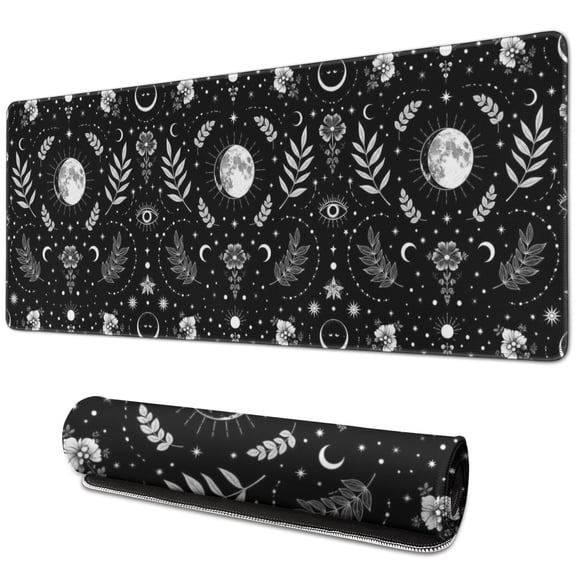 Long Mouse Pads for Desk,Black White Moon Leaf Flower Eye Pattern Desk Mats on Top Of Desks, Desk Mouse Pad Extra Large with 3mm Non-Slip Base and Stitched Edge for Gaming,Office,Work,Home 31.5"x11.8"