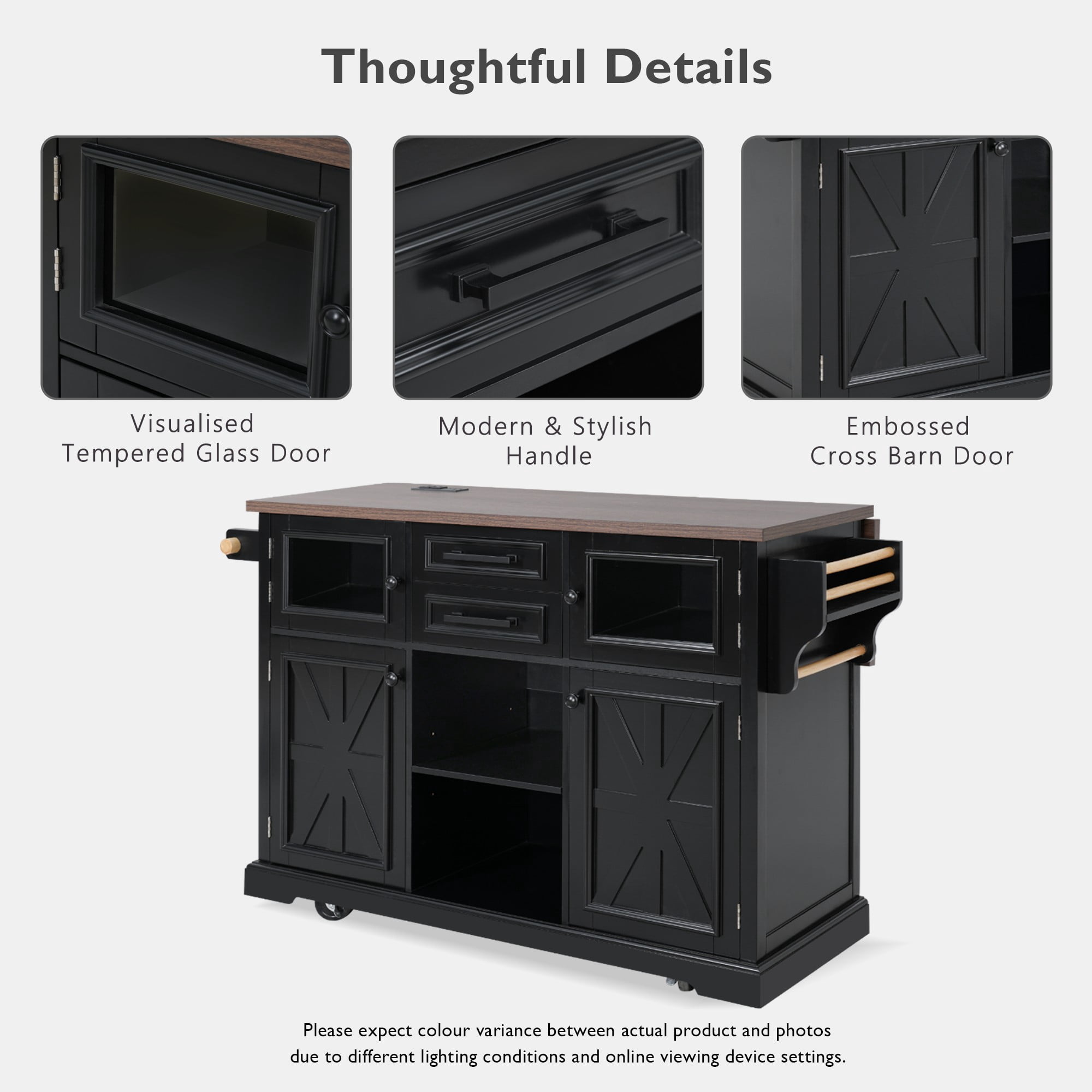 54.9" Kitchen Island on Wheels with Drop Leaf, Power Outlet, 4 Door Shelves, Cross Barn Doors & Visual Glass Door
