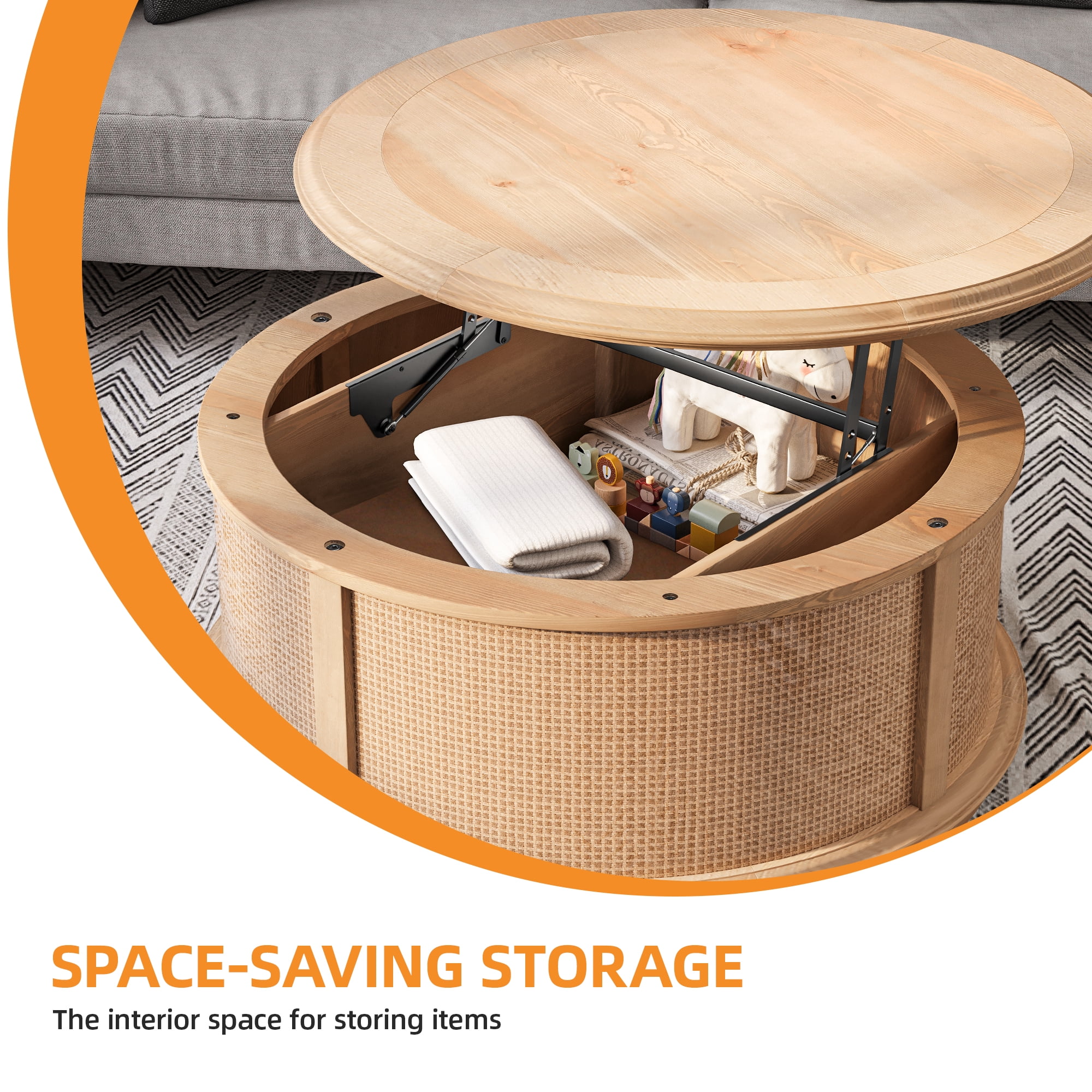 Uforic Round Lift-Top Coffee Table with Rattan Storage, Natural Wood Color, for Living Room & Office