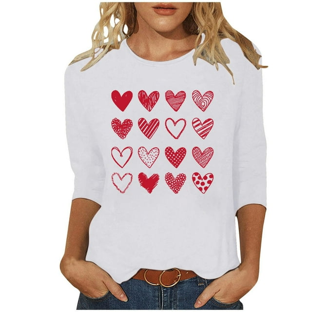 RXMEKW Haut à Manches 3/4, Motif Cœur pour Femmes, Col Rond, Manches Mi-Longues, T-Shirt Décontracté