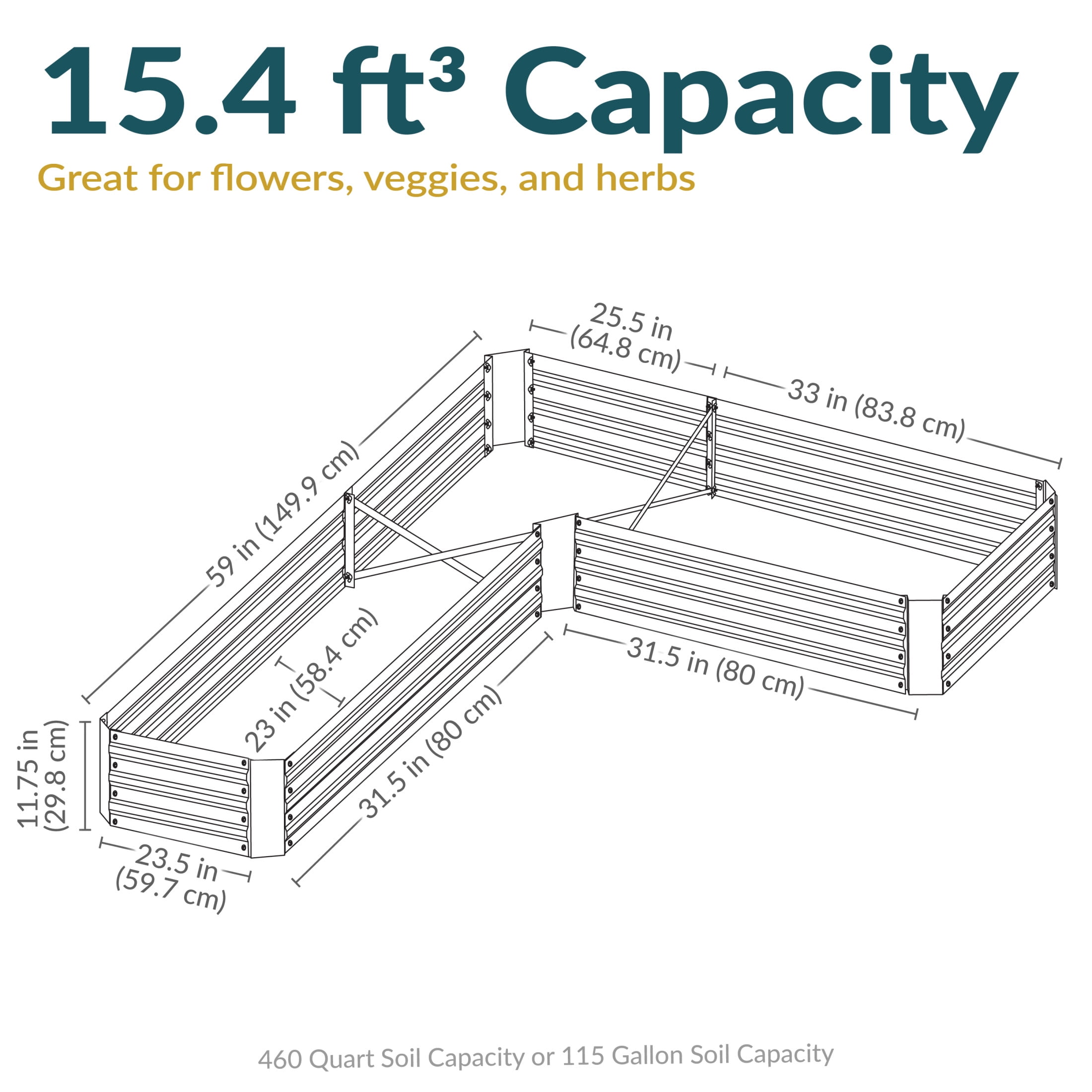 Sunnydaze 59.5" x 59.5" x 11.75" L-Shaped Silver Galvanized Steel Raised Garden Bed