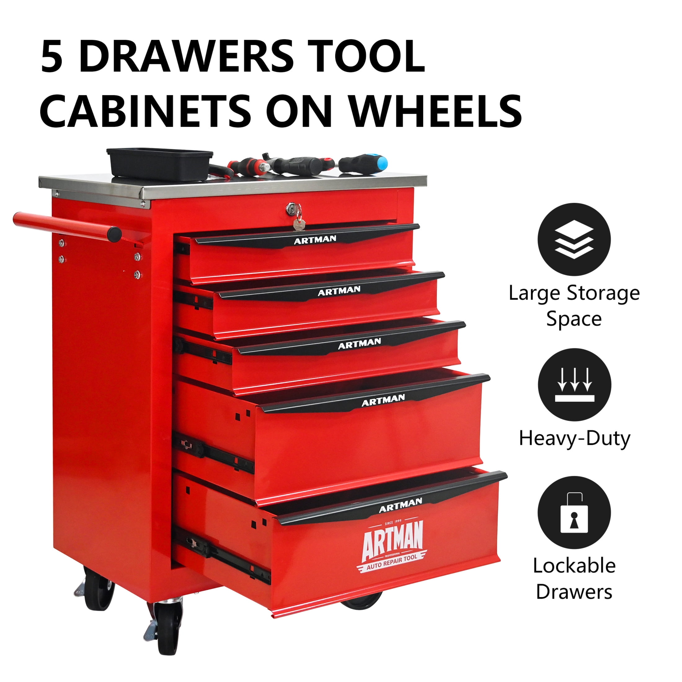 Noble House 5-Drawer Rolling Tool Organizer Cart, Steel Mobile Chest Storage with Worktop for Garage Workshop, Red