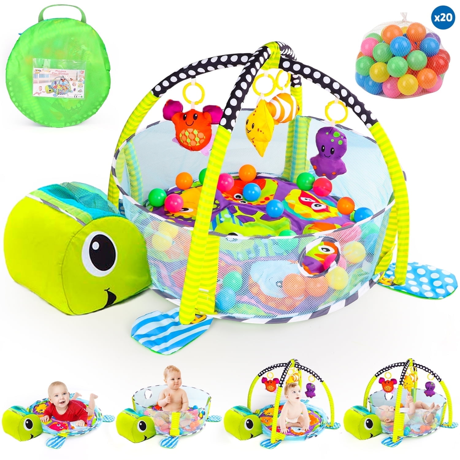 UQN Baby Play Gym, 3 in 1 Baby Play Gym Activity Mat, with Hanging Toys and Ocean Balls, Gifts for Newborn Baby 0 to 3 6 9 12 Months, Green Turtle