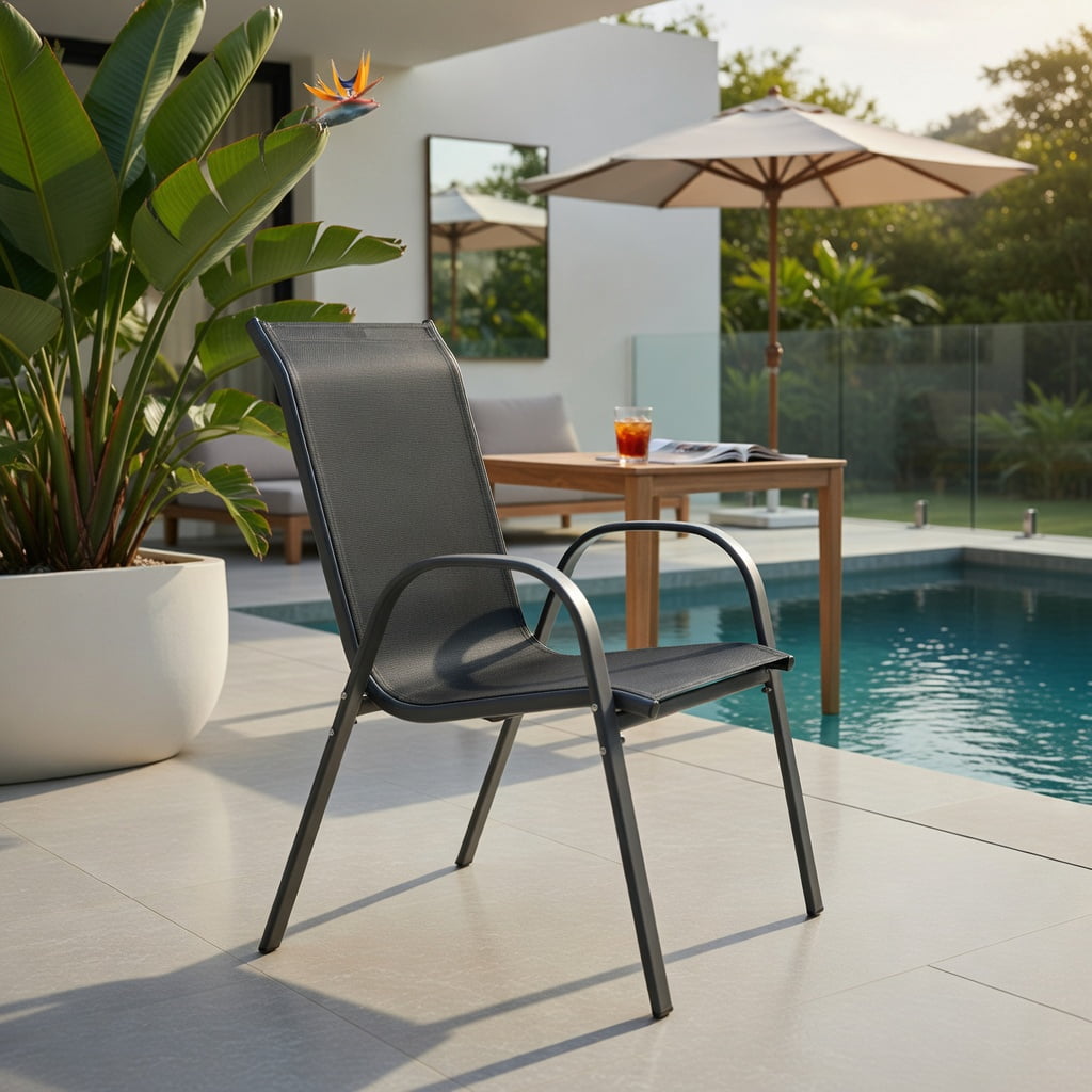 Hommoo 2-Pack Stackable Outdoor Dining Chairs with Armrests, Fabric, Steel Frame, Ergonomic Design for Patio, Deck or Balcony, Black