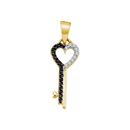 10kt Yellow Gold Womens Round Black Color Enhanced Diamond Key Heart Pendant 1/10 Cttw