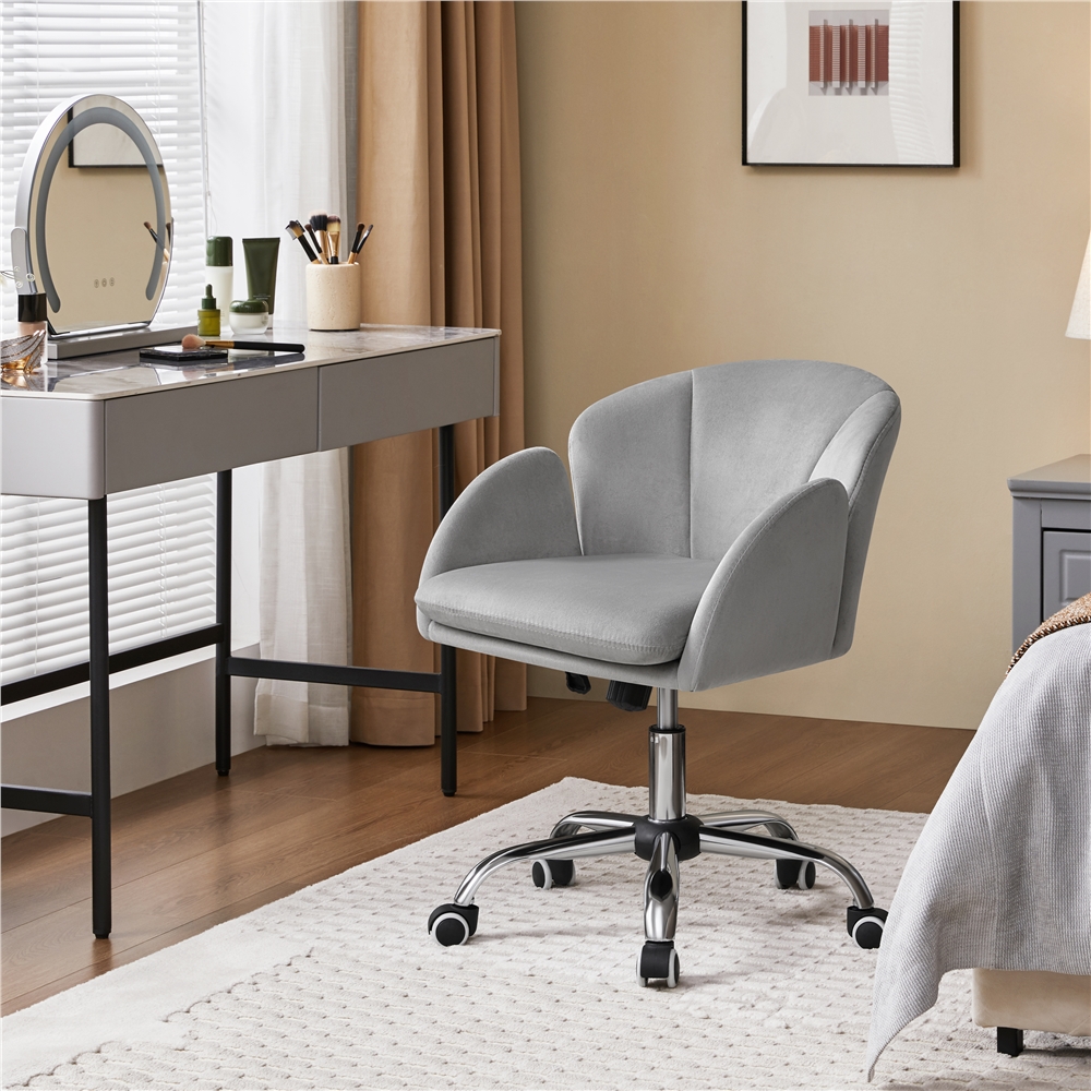 Yaheetech Swivel Rolling Desk Chair Makeup Vanity Chair with Armrests, Light Gray