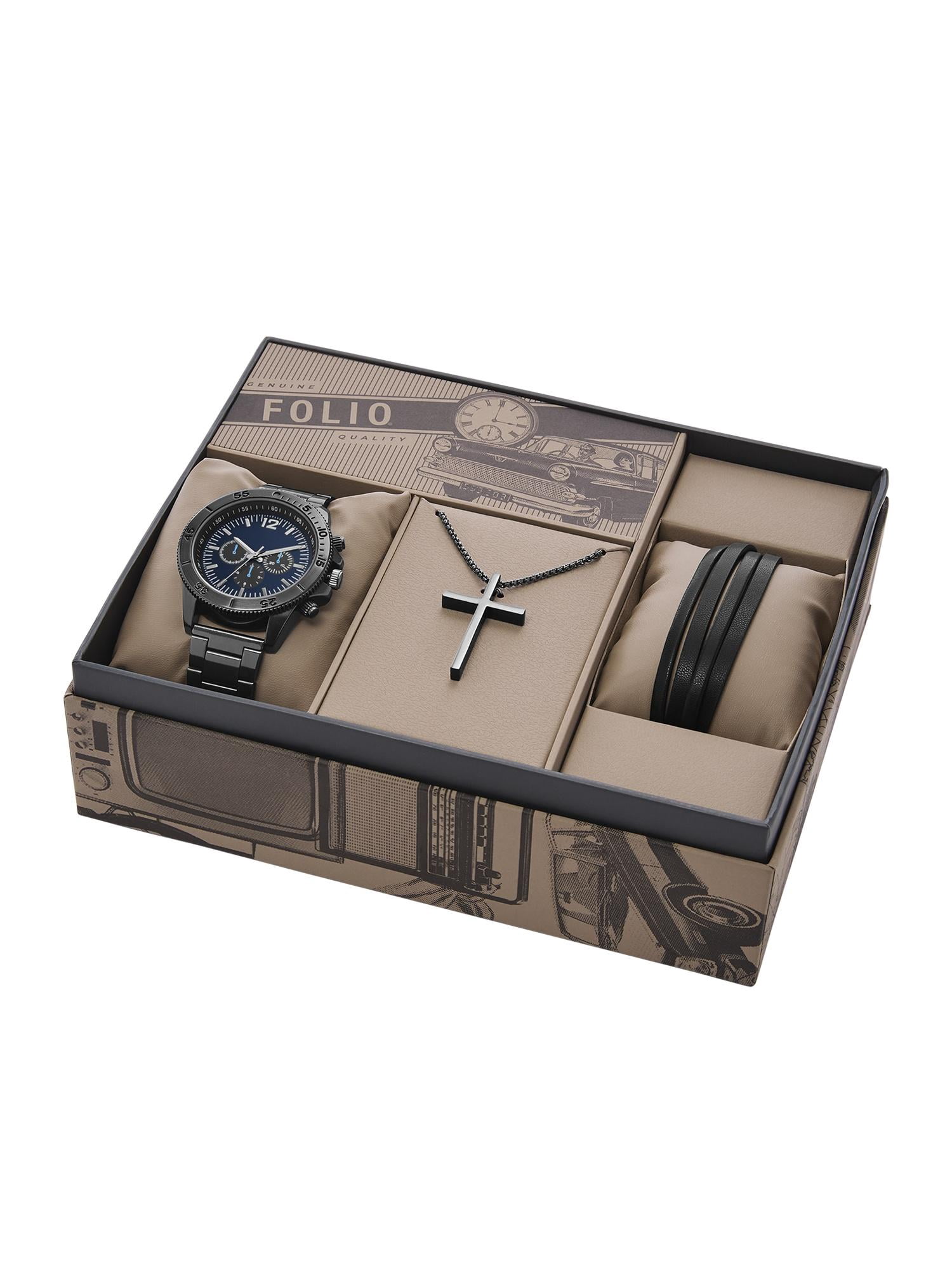 Folio Men's Watch Gift Set: Men's Gunmetal Tone Bracelet Watch