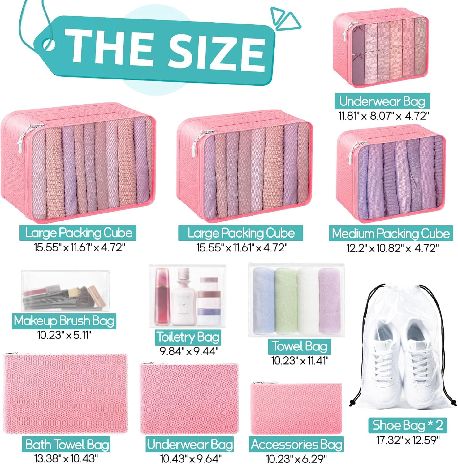 12-Piece Packing Cubes Set – Travel Essentials Luggage Organizer – Includes 4 Cubes + 3 Zip Pouches + 3 Waterproof Bags + 2 Shoe Bags – Lightweight Polyester – Beige/Pink/Black