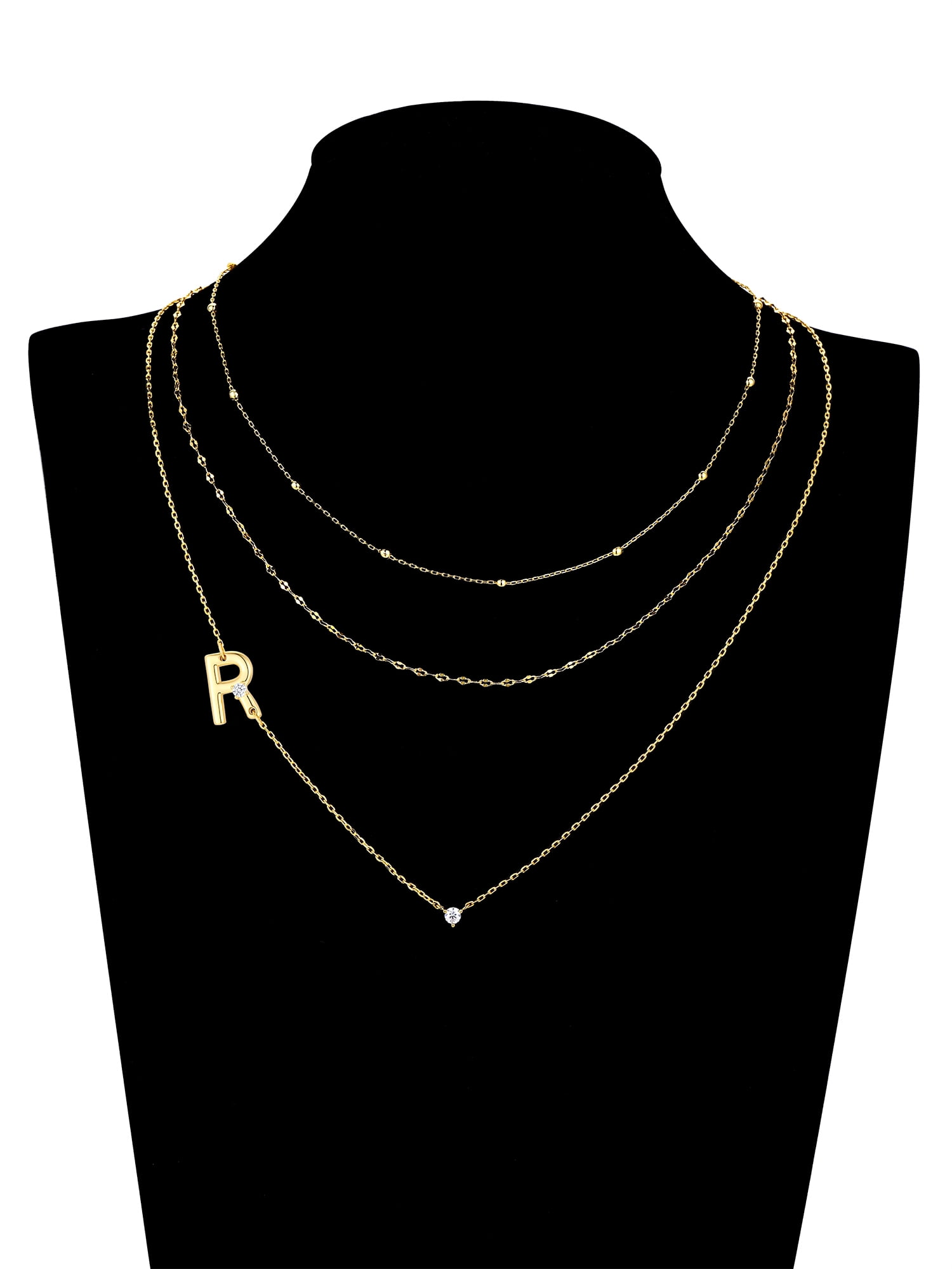 Believe by Brilliance R Triple Chain Initial Necklace Set in 14KT Gold Flash Plated Brass