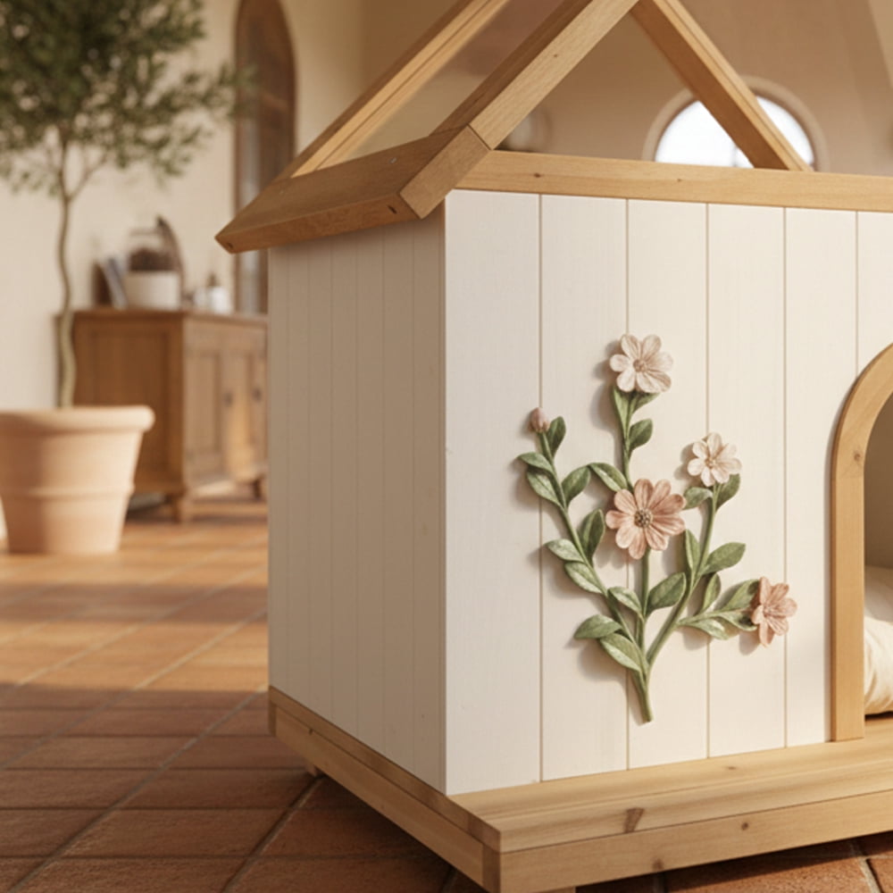 FSC Cedar Cat House with Clear Acrylic Roof and Cushion, Wooden Indoor Outdoor Cat Shelter Furniture for Small Dogs and Cats, Floral Carved Design, White Wood