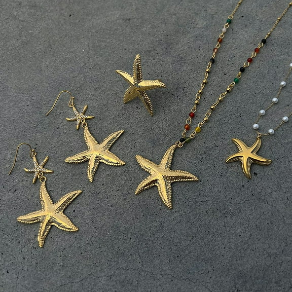 European And American Stainless Steel Colorful Beads Hammered Starfish Pendant Necklace