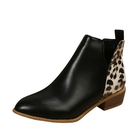 

Dyfzdhu Ladies Vintage Leopard Print Patchwork Leather Pointed Side Zipper Heel Fashion Ankle Boots