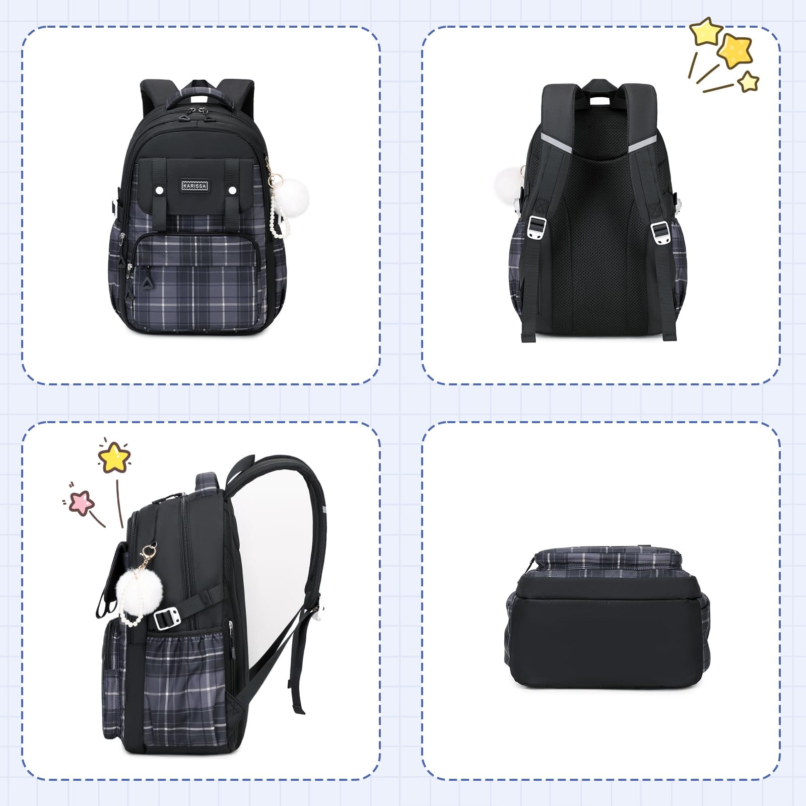 Soda Candy Girls Backpack Ideal Elementary Middle School Backpacks for Kids Cute Kawaii Large Capacity Bookbag with Reflective Strip, Black