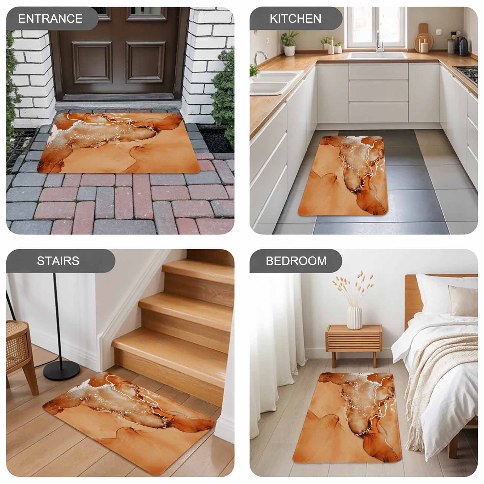 Marble Burnt Orange Doormat Outdoor Entrance 24"x36", Modern Abstract Ink Painting Luxury Absorb Moisture Dirt Door Mats, Non-Slip Rubber Backing Floor Mats Indoor, Low-Profile Front Door Rugs