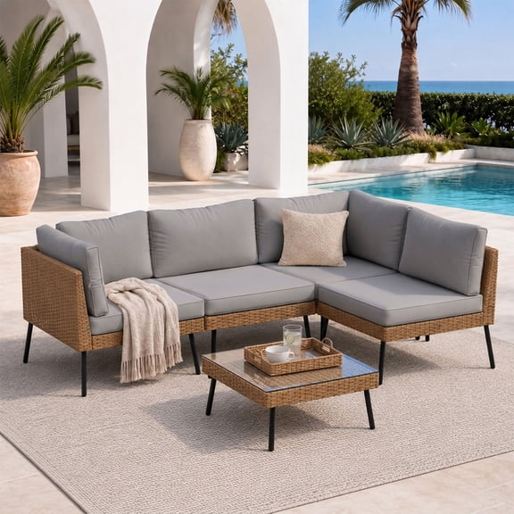 BaPiPro 5-Piece Modular Outdoor PE Rattan Sectional Sofa Set, All Weather Patio Furniture with Removable 4" High Density Cushions & Tempered Glass Coffee Table for Backyard Garden Courtyard, Gray
