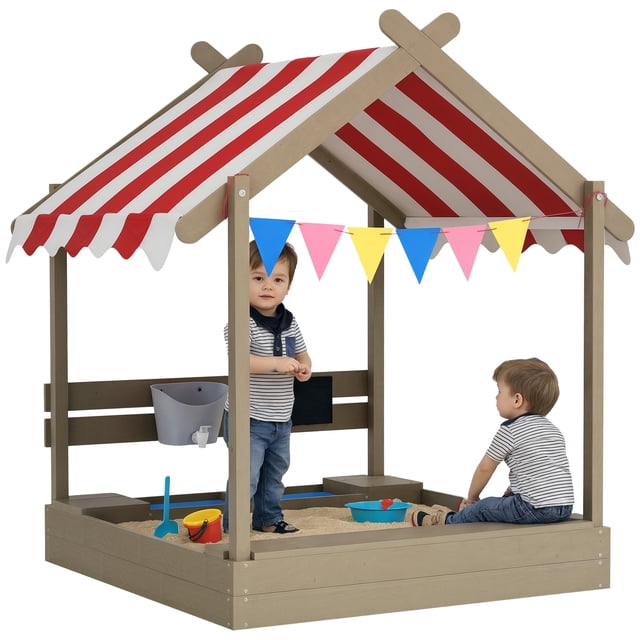 Outsunny Outdoor Sandbox with Cover for 3-7 Years Old, Backyard, Grey