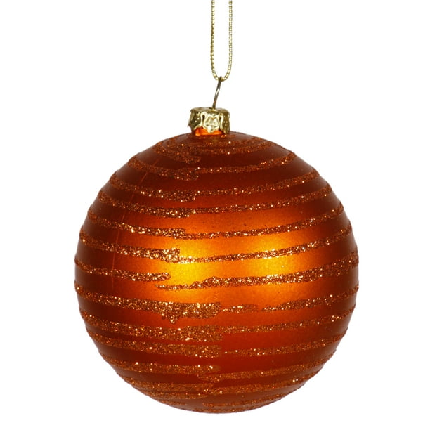 Pack of 6 Matte Burnt Orange with Glitter Stripes Christmas Ball