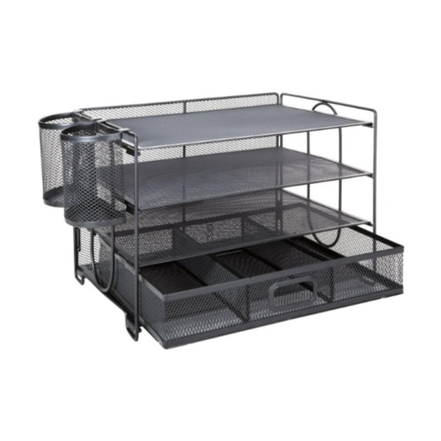 Organizador de escritorio de malla, organización de almacenamiento, 4 niveles 2 soportes de lápiz de lápices Bandeja de metal Desktop de s de
