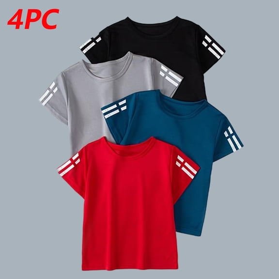 Zylanna Toddler Boys 4PC Athletic T-Shirts, Quick-Dry Striped Short Sleeve Moisture Wicking Performance Tee Tops for Sport Multicolor Size 4-5