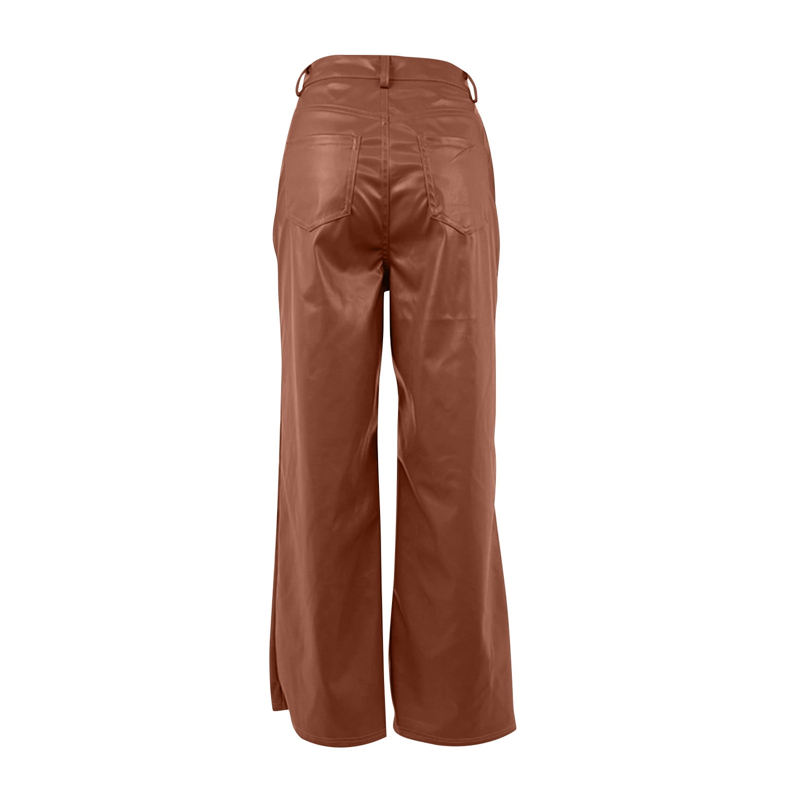 UYISJ Women Faux Leather Pants PU High Waist Straight Leg Pants with Pockets Leather Leggings Bell Bottom Flare Pants Brown S